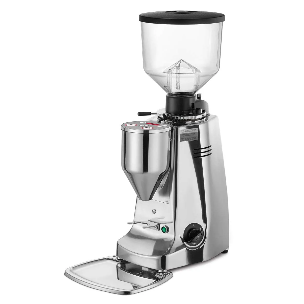 A polished Mazzer commercial espresso grinder
