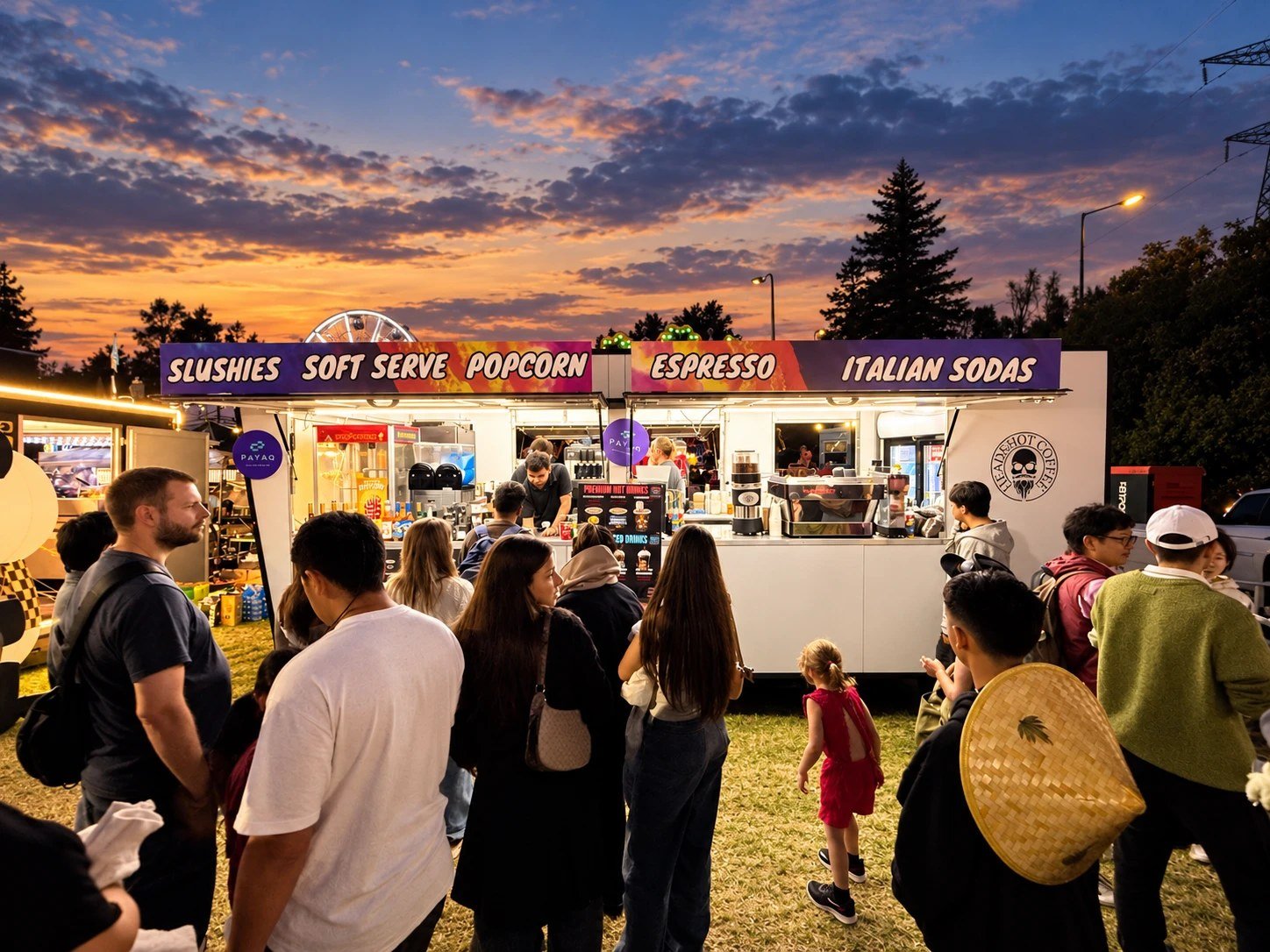 A crowd queuing at the Headshot trailer at sunset
