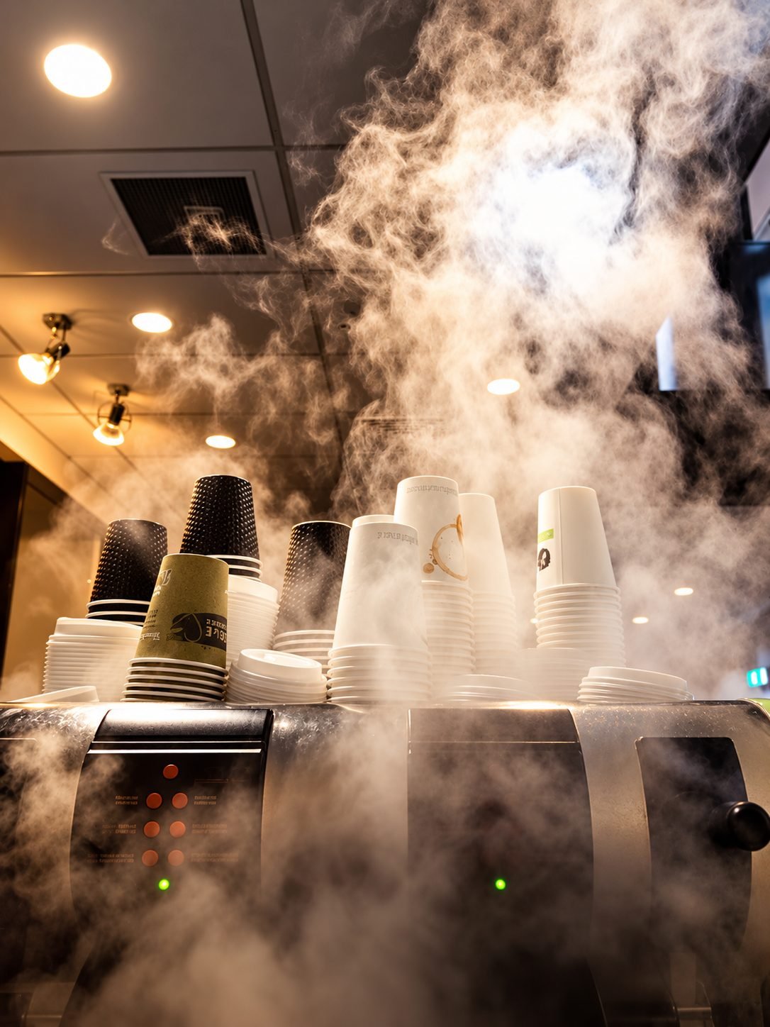 Steam rising over a stack of cups on the espresso machine